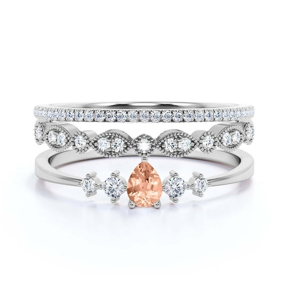 Dazzling Minimalist 2.05 Carat Pear Cut Morganite And Diamond Moissanite Classic Engagement Ring, Affordable Wedding Ring in 925 Sterling Silver With 18k White Gold Plating, Trio Set, Matching Band