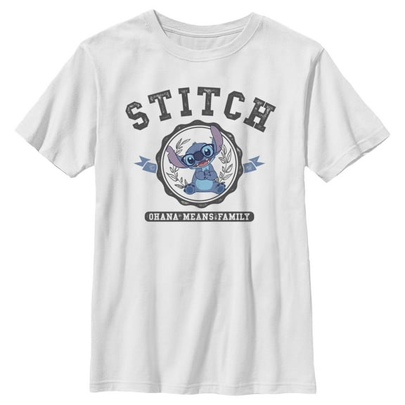 Boy's Lilo & Stitch Ohana Means Family Collegiate Graphic Tee White X Small