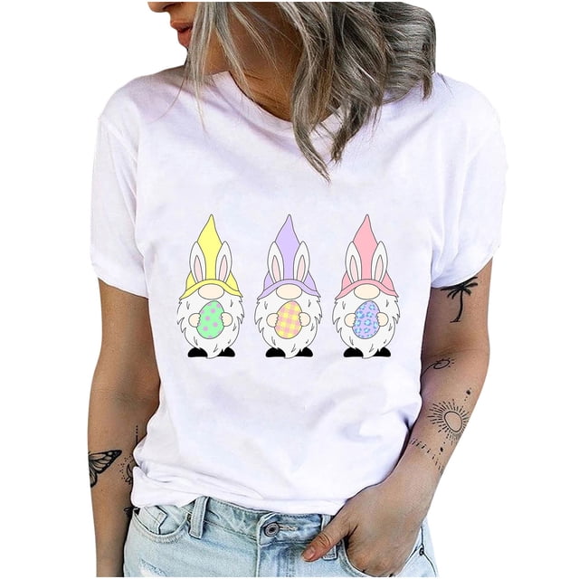 Pompotops T-Shirts à Col Rond pour Femmes Imprimé Lapin de Pâques Manches Courtes Blouse