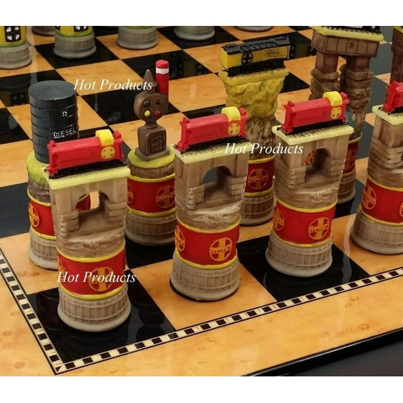 BNSF Santa Fe Railroad Train Chess Set W 15" Walnut Color Board Trains