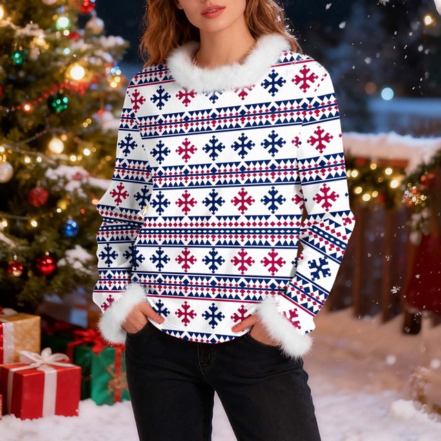 Ailaofu Chandail-Over en Tricot Torsadé à Manches Longues et Col Rond pour Femmes, Imprimé de Noël