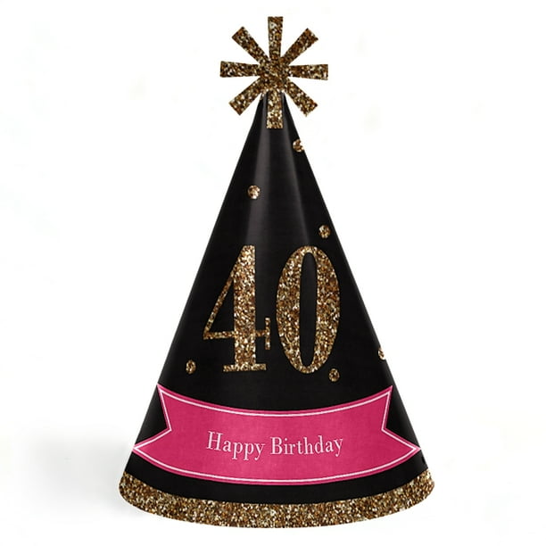Chic 40th Birthday Pink, Black and Gold Cone Birthday Party Hats