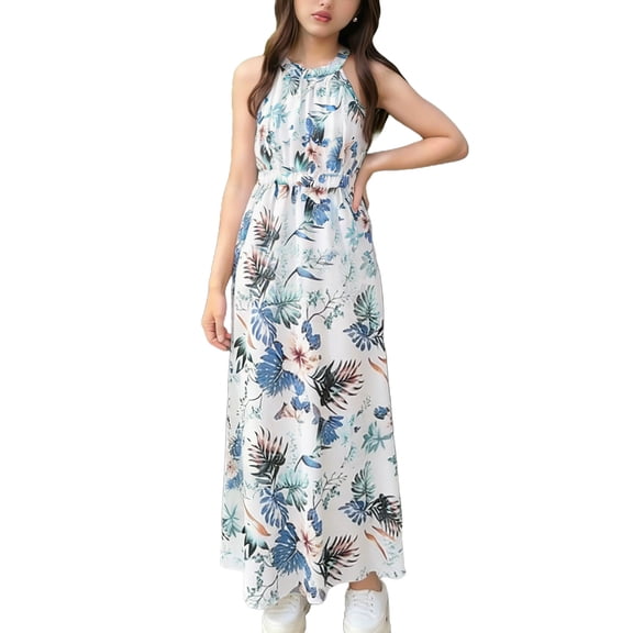 Lvshlubb Girls Summer Dress Floral Printed V Neck Sleeveless Halter Dresses for Vacation Beach Girls Clothing Size 8-12