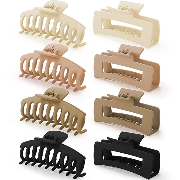 8-Piece Set: 4.3" Large Acrylic Hair Claw Clips with Sturdy Metal Spring & Inner Teeth - Lightweight, Non-Damaging Design for Thick/Thin/Curly/Long Hair - 90s Retro Rectangular & Classic Styles for