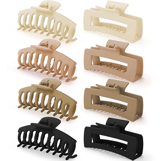 8-Piece Set: 4.3" Large Acrylic Hair Claw Clips with Sturdy Metal Spring & Inner Teeth - Lightweight, Non-Damaging Design for Thick/Thin/Curly/Long Hair - 90s Retro Rectangular & Classic Styles for