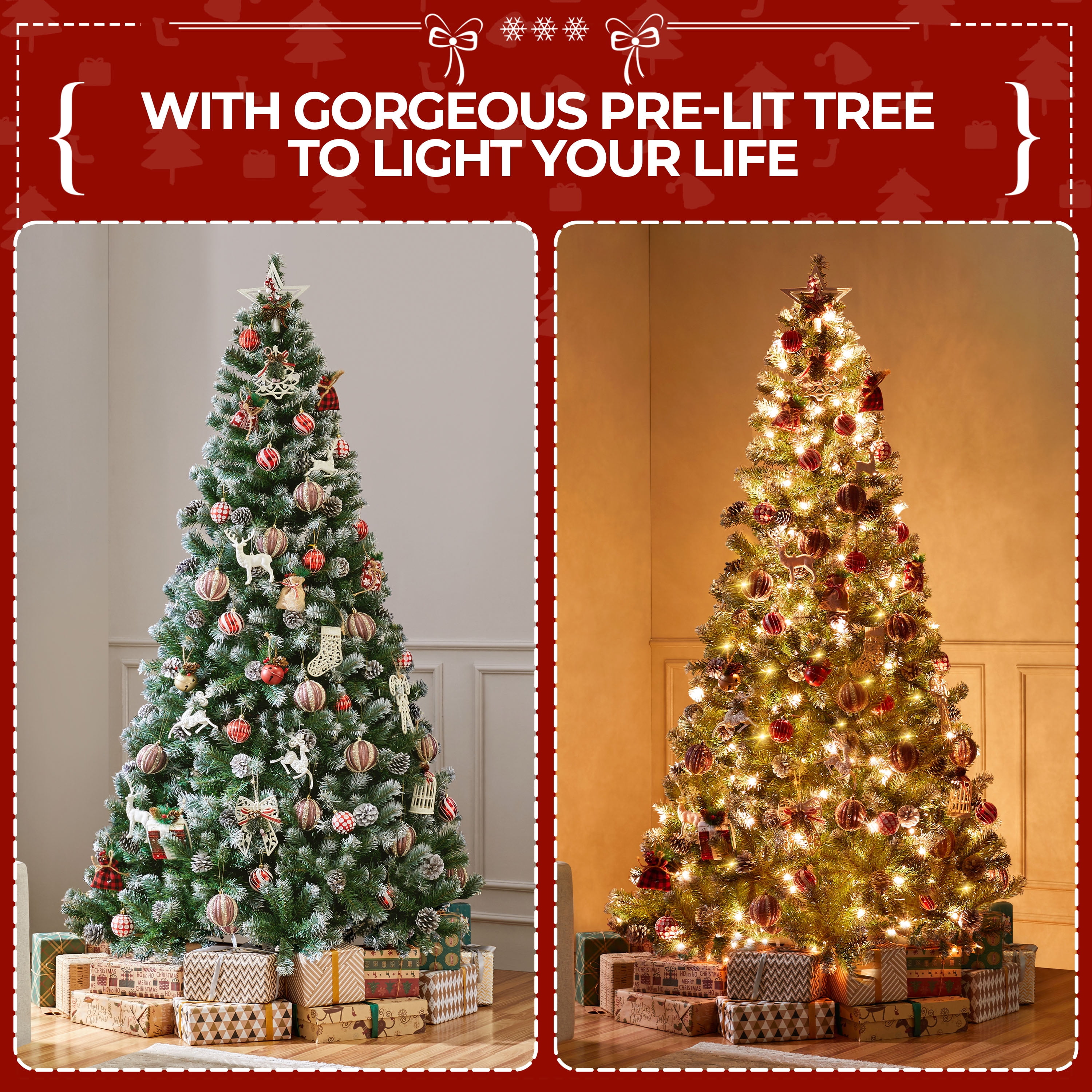 Alden Design 7.5FT Frosted Artificial Christmas Tree with Pinecones, Pre-Lit Warm White Lights and Stand Included, Green
