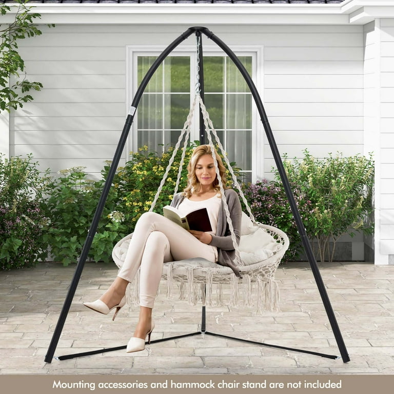 Costway Swing Chair Hand Woven Rope Hanging Chair with Thick Cushion Folding Metal Frame