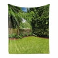 thumbnail image 1 of Farmland Soft Flannel Fleece Throw Blanket, Backyard Area Shadow Under Pine Trees Featured Rustic Fence Outdoor Photography, Cozy Plush for Indoor and Outdoor Use, 50" x 60", Green, by Ambesonne, 1 of 6