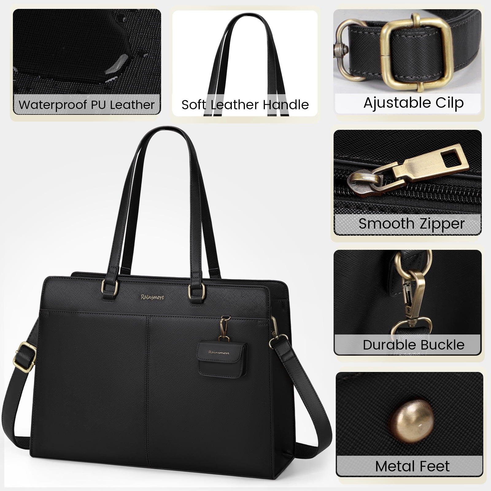 RAINSMORE Laptop Bag for Women 15.6 inch Laptop Tote Briefcase Waterproof Leather Computer Bag Work Tote Bags,Black