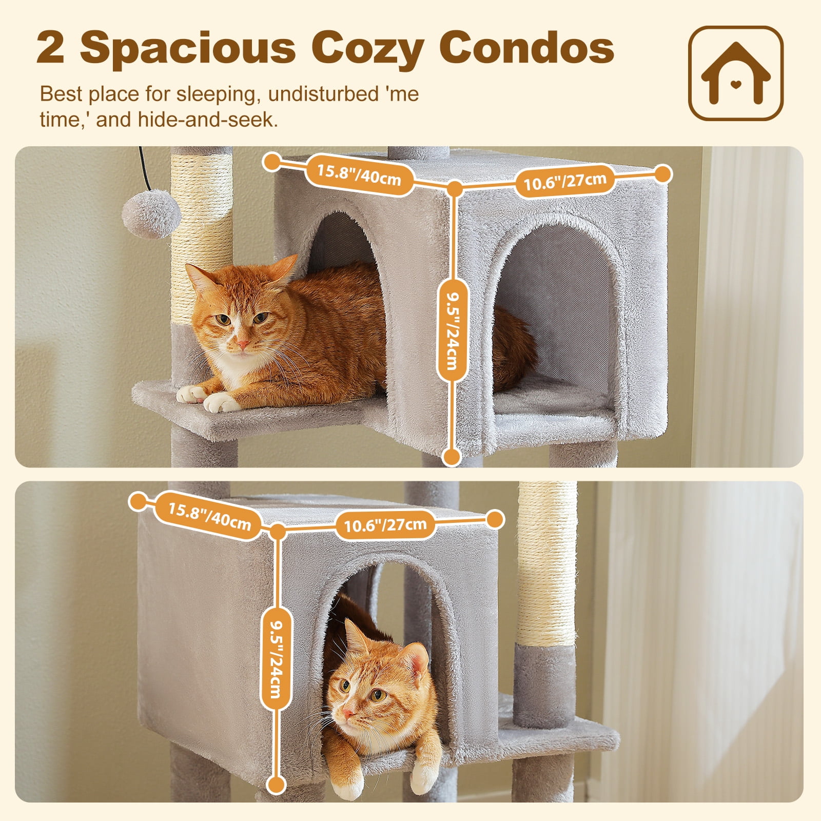 Kadyn 62" Modern Cat Tree Tower for Indoor Cats with Scratching Posts, Cozy Cat Condo and Top Perch, Dangling Ball for Small Medium, Gray
