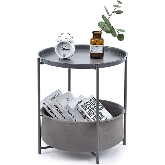 Kingrack Round End Side Table, Sofa Side Snack Table with Fabric Storage Basket, Small bed Nightstand for Living Room Bedroom, Dark Gray