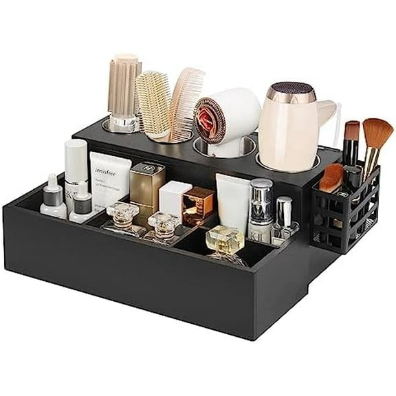 Hair Tool Organizer, Black Hair Dryer Holder and Bathroom Countertop Blow Dryer Holder with Side Basket, Vanity Caddy Storage Stand for Accessories, Makeup, Toiletries