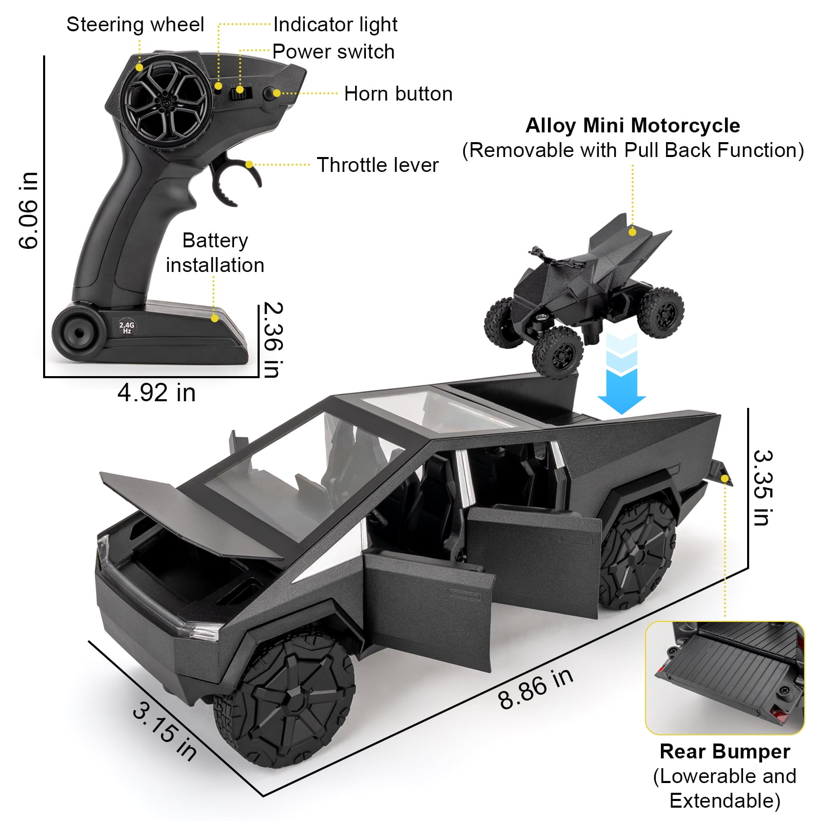 BDTCTK 1:24 RC Radio Control Cybertruck Pickup Truck, Remote Control Car Toy for Kids, 2.4GHz Sound and Light Model Car Die-Casting Alloy Vehicle Collection Gift Gray