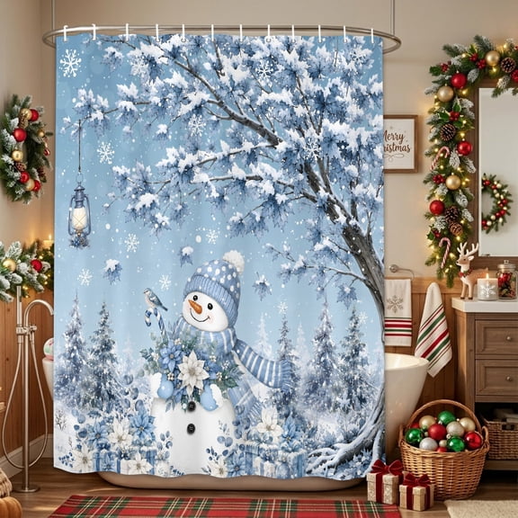 Blue Christmas Shower Curtain for Bathroom, Snowman Pine Tree Poinsettia Snow Scene Waterproof Fabric Shower Curtain with 12 Hooks, Bathroom Curtain Set for Bathroom Accessories Decor, 72 x 96 Inches
