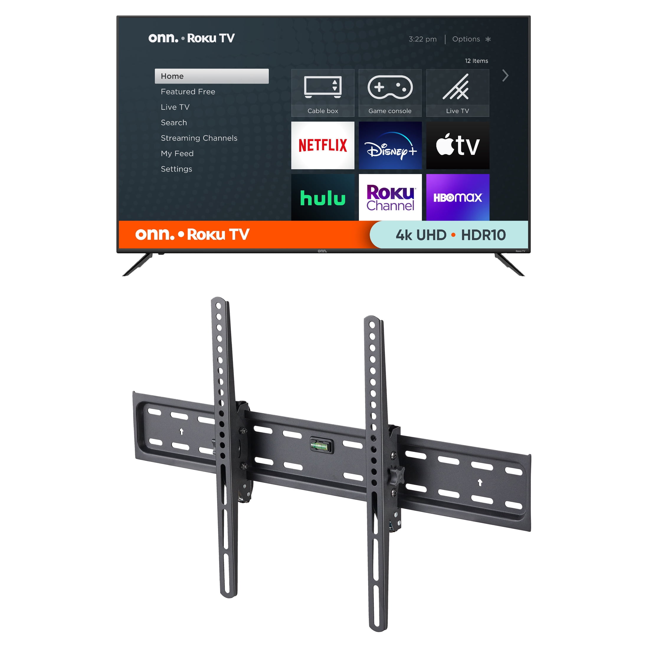 Onn 65" 4k Roku 4K with a onn. Tilting TV Wall Mount for 50" to 86" TV