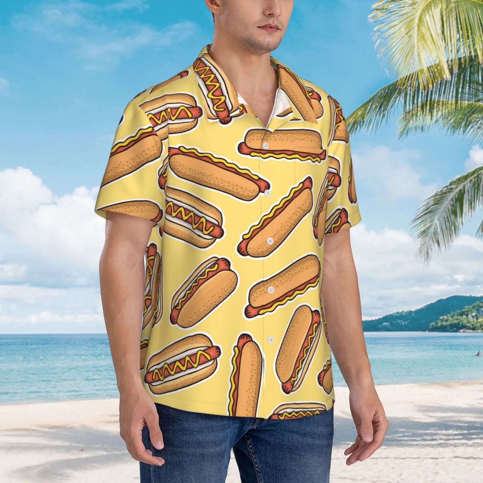 Daiia Hot Dogs Hawaiian Shirt for Men Gentle Cotton Regular Short
