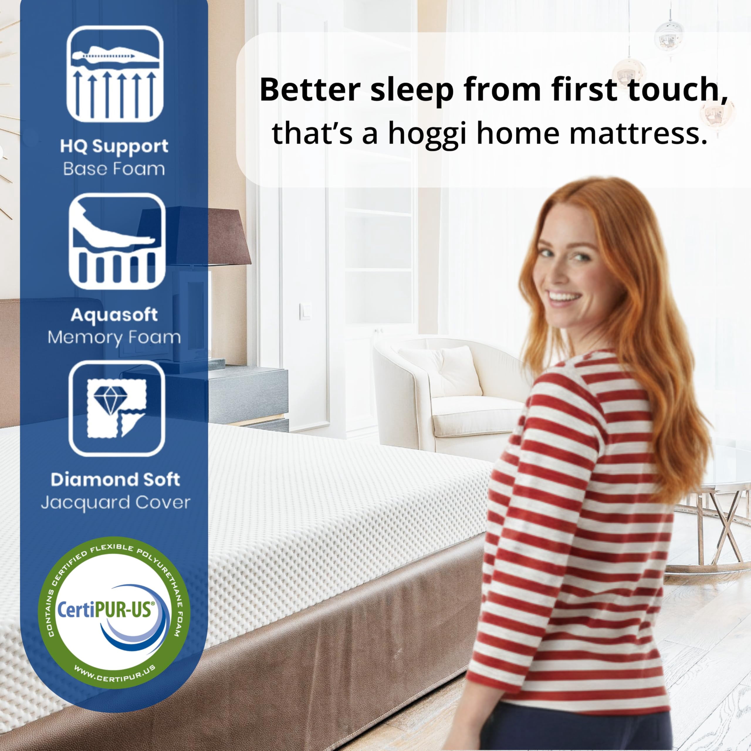 Twin - 8 Inch Mattress - 38x75, Aquasoft Memory Foam Mattress, Medium Firm, Breathable Diamond Soft Cover Fabric, Certified Only Safe Foams, Bed in a Box Mattress, hoggisleep - Made in USA