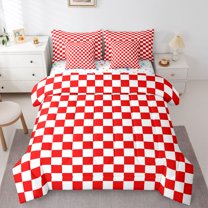 Homewish Red White Grid 7-Piece Twin Bedding Sets For Kids Children Teens,Geometric Buffalo Bedding Comforter Set,Minimalist Abstract Breathable Sheet Sets,Microfiber Bedroom Decor,Reversible