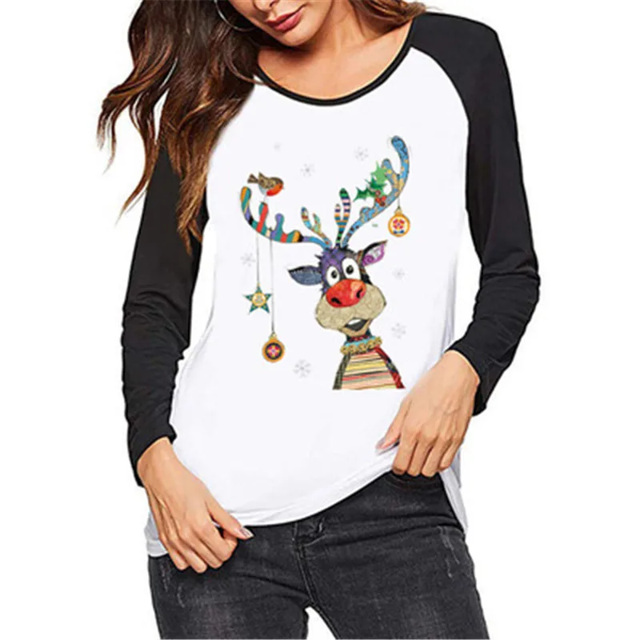 Amazon Wish - Camiseta de manga larga con estampado de ciervos navideños y bloques de color para mujer, cuello redondo, estilo europeo y americano