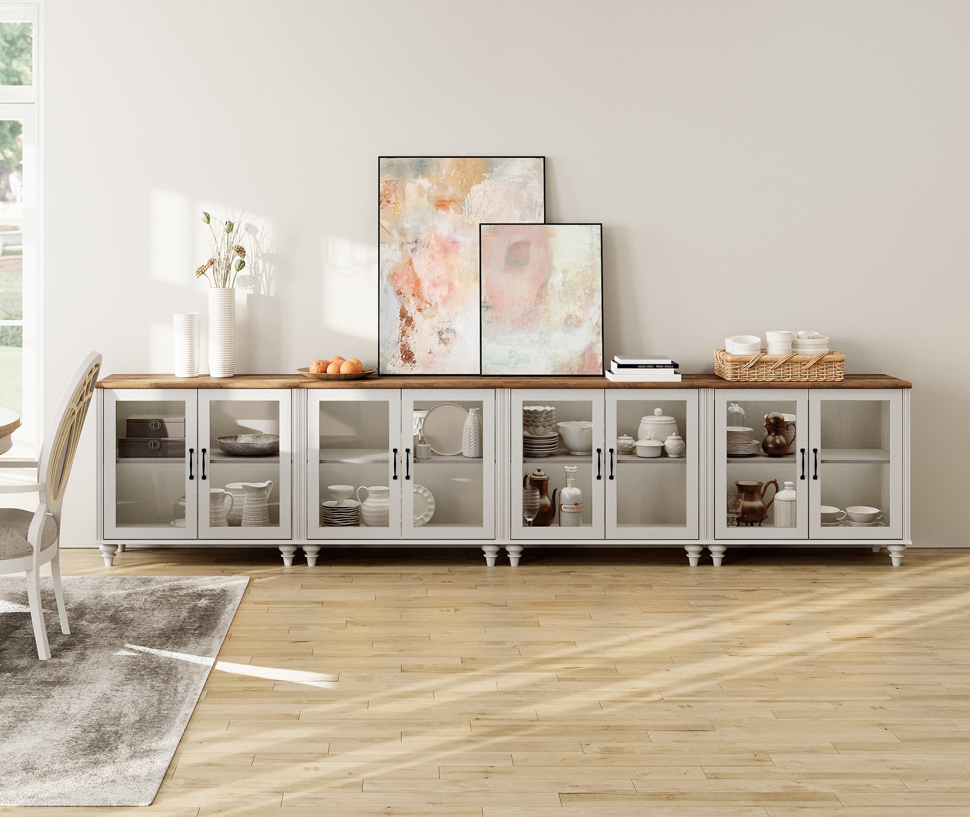 Mid Century Morden Style TV Stand for 100 Inch, Ample Storage Cabinet with 8 Glass Doors, Wooden Entertainment Center Storage Cabinet for Living Room or Dining Room or Bedroom, Off White