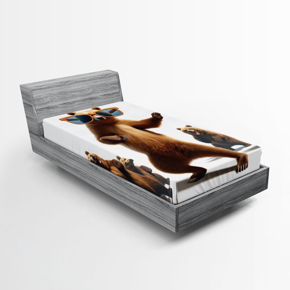 Ambesonne Funny Bear Fitted Sheet, Dancing Huge Glasses, Twin Size, Chocolate White