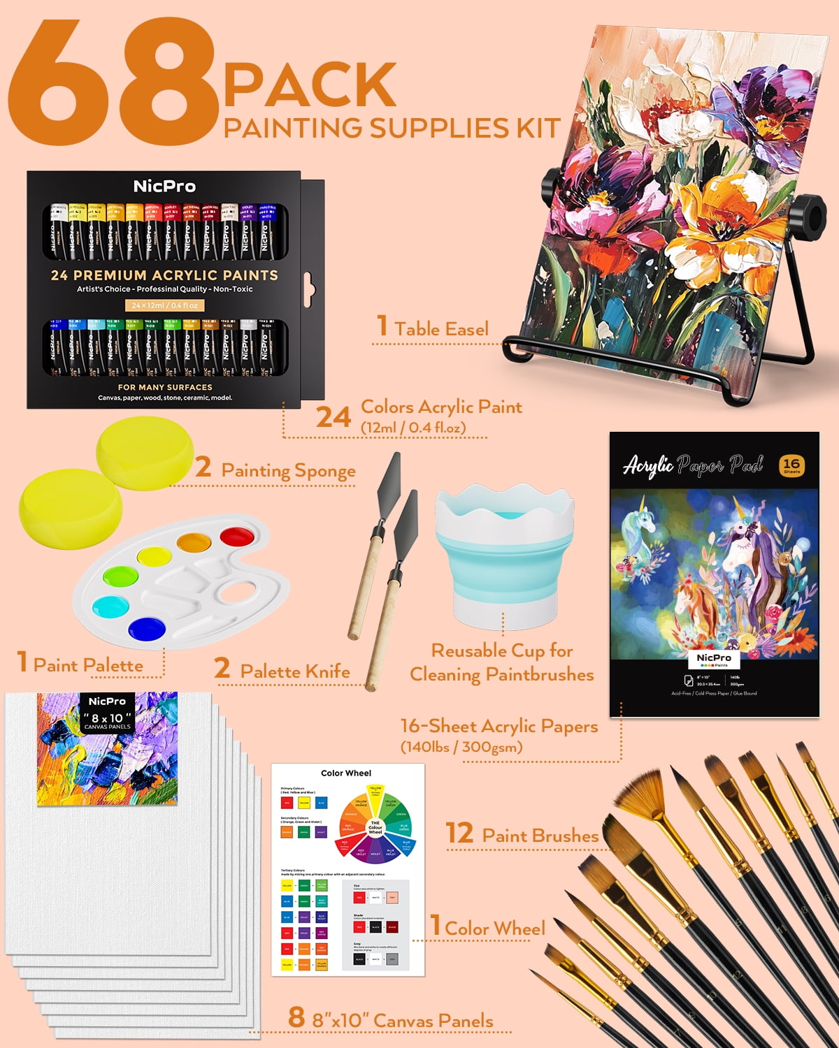 Nicpro 68PCS Acrylic Paint Canvas Set, Art Painting Supplies Kit with 24 Paints, Table Easel, 8 Canvas Panels, 12 Brushes, Paper Pad, Cleaning Cup, Sponge, Palette