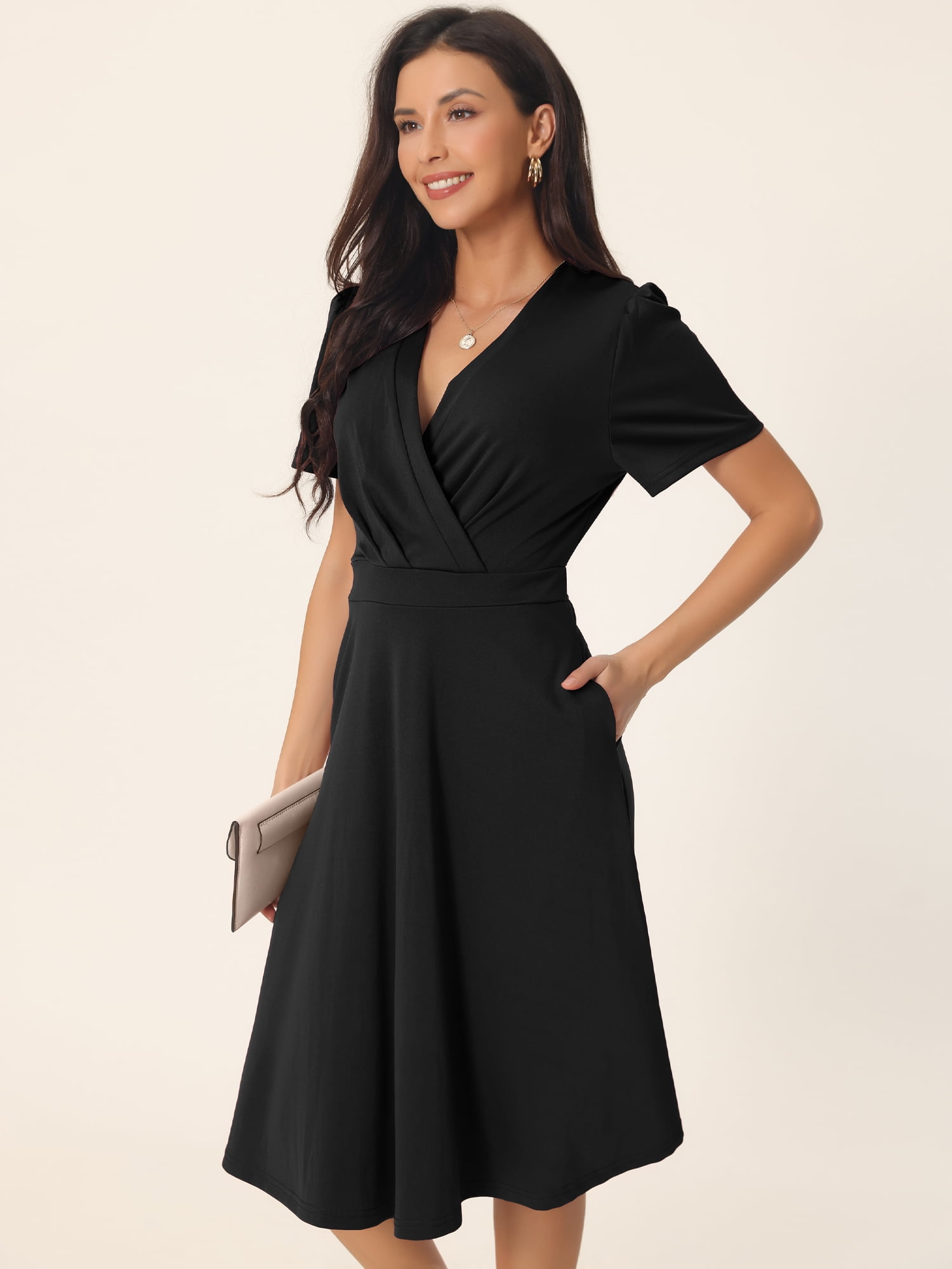 Unique Bargains Women's Swiss Dot Lantern Sleeve V Neck Midi
