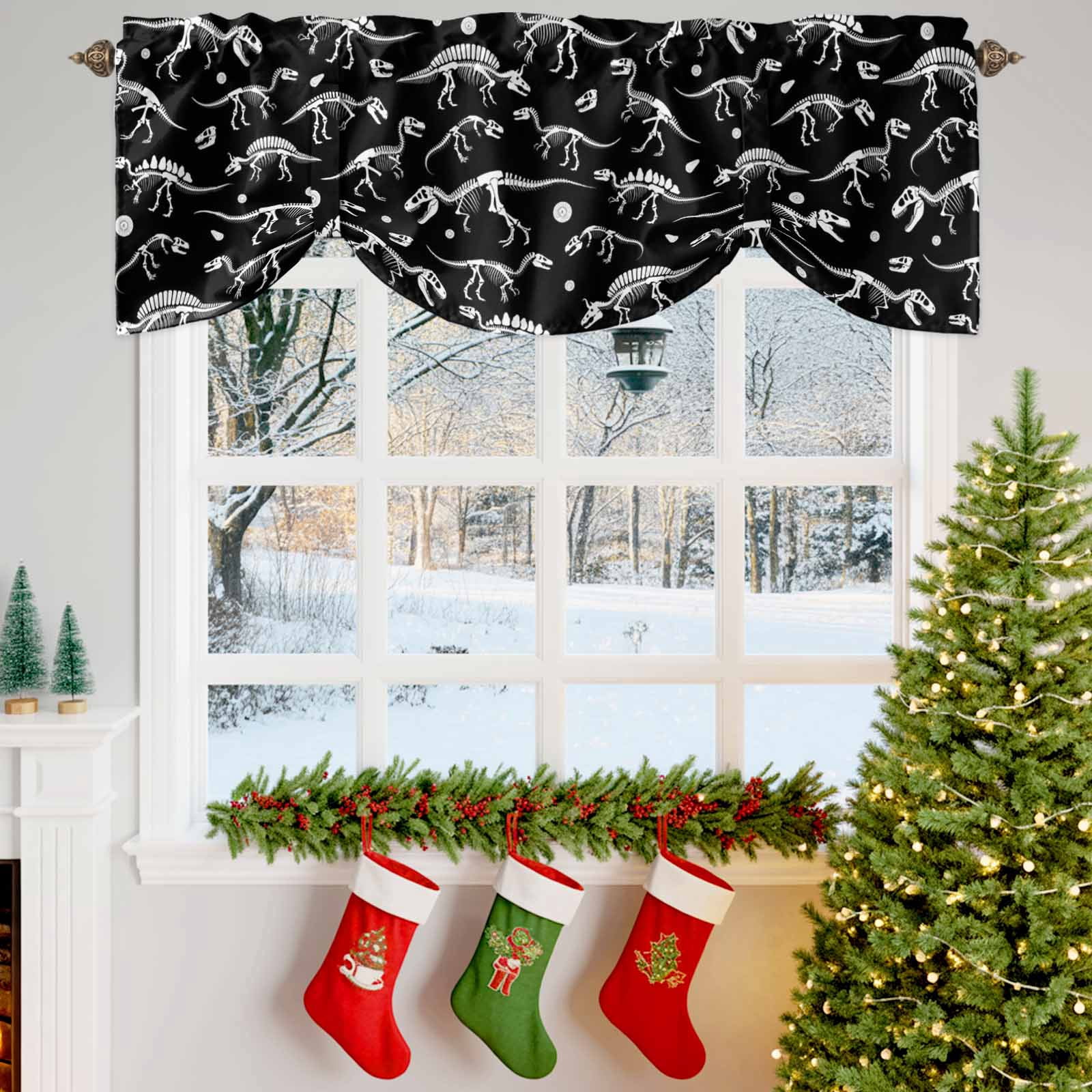 Tie Up Valance Halloween Dinosaur Black Valances for Windows Funny Dino Skull Boys Girls Children Balloon Shade Valance Window Treatment Short Curtain Valances for Living Room Kitchen Bedroom 60"x18"