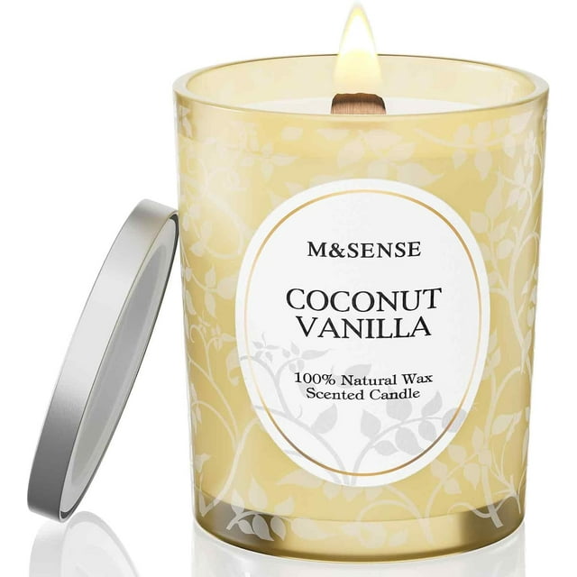 M&SENSE Summer Coconut Vanilla Scented Candle, Stress Relief Aromatherapy Wooden Wick Candle Gifts, Non Toxic Natural Soy Candles 100 Hours Long Burning18oz Large Jar, Housewarming Gifts for Home