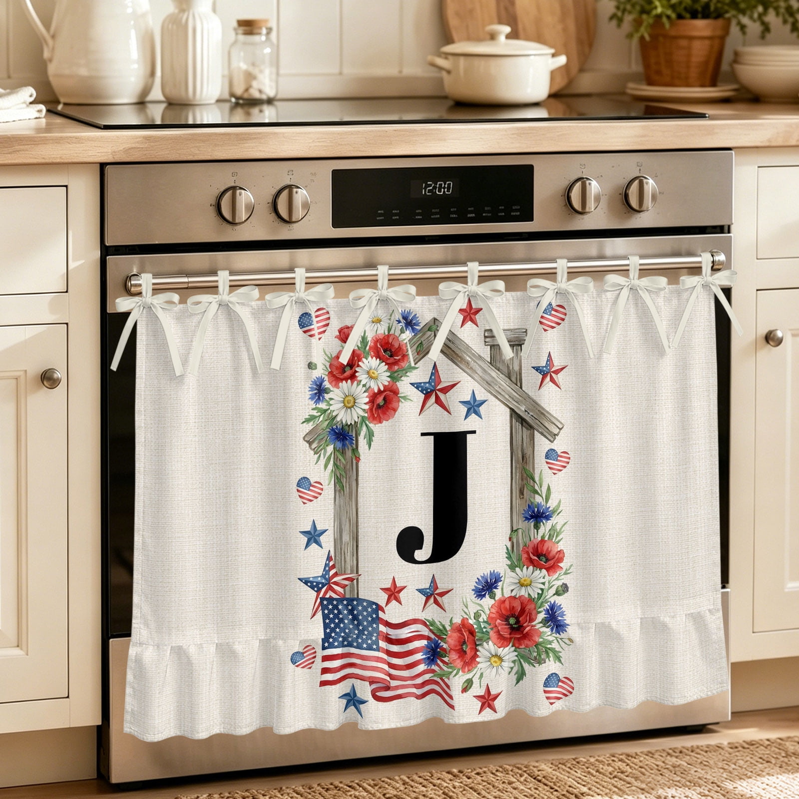 Oven Skirt Curtain for Kitchen 21.5x30 Inch Independence Day Oven Curtain with 8 Ribbon Ties & Ruffle Trim Stove Skirt Curtain Dishwasher for Cabinets Over Sinks Rustic America Flag Floral Letter J