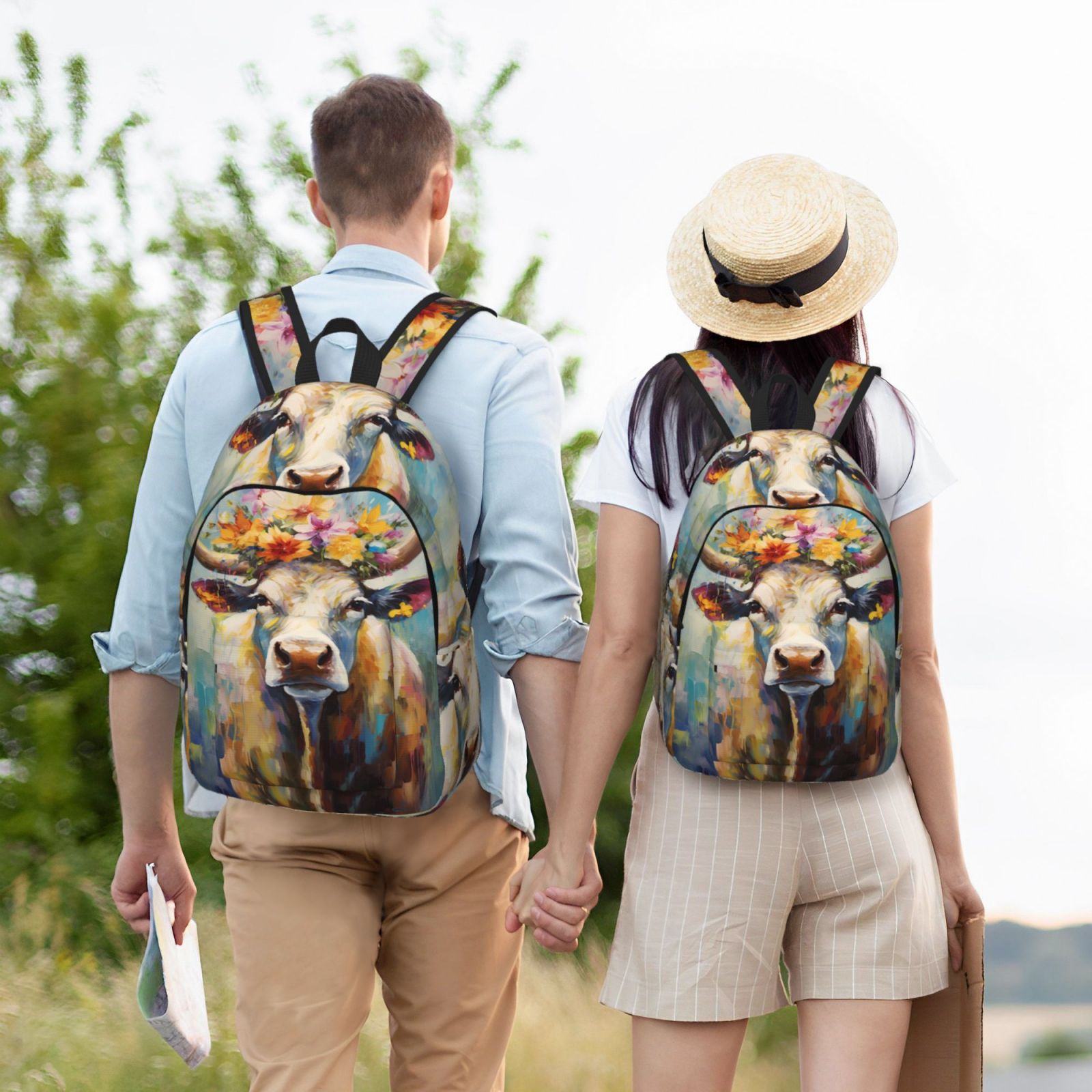 Picia Oil Painting Flower Cow Printed Canvas Daypack - Stylish and Durable Vintage Compact Backpack - Class, Work, Travel, or Laptop Bookbag,Organized Compartments-Small
