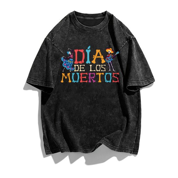 Plus Size - Women'S Washed Oversized T-Shirt, Day of The Dead Dancing Skeleton Guitar Sombrero Colorful Bone Letter Graphic Short Sleeve Tee, Casual Loose Daily Tops