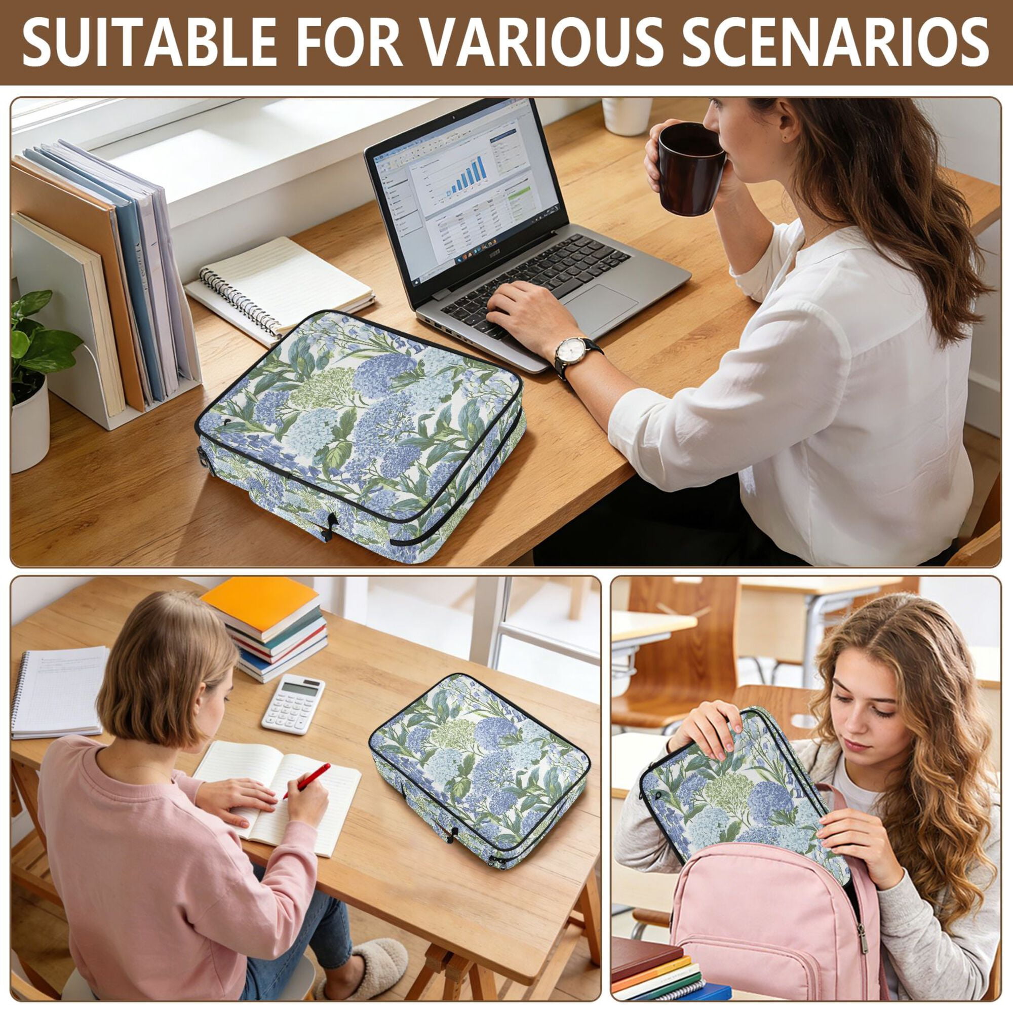 FORMRS Accordion File Folder A4 Size 7-Pocket Expanding Document Organizer Bag with 3 Ring Binder, Vibrant Hydrangeas Pattern