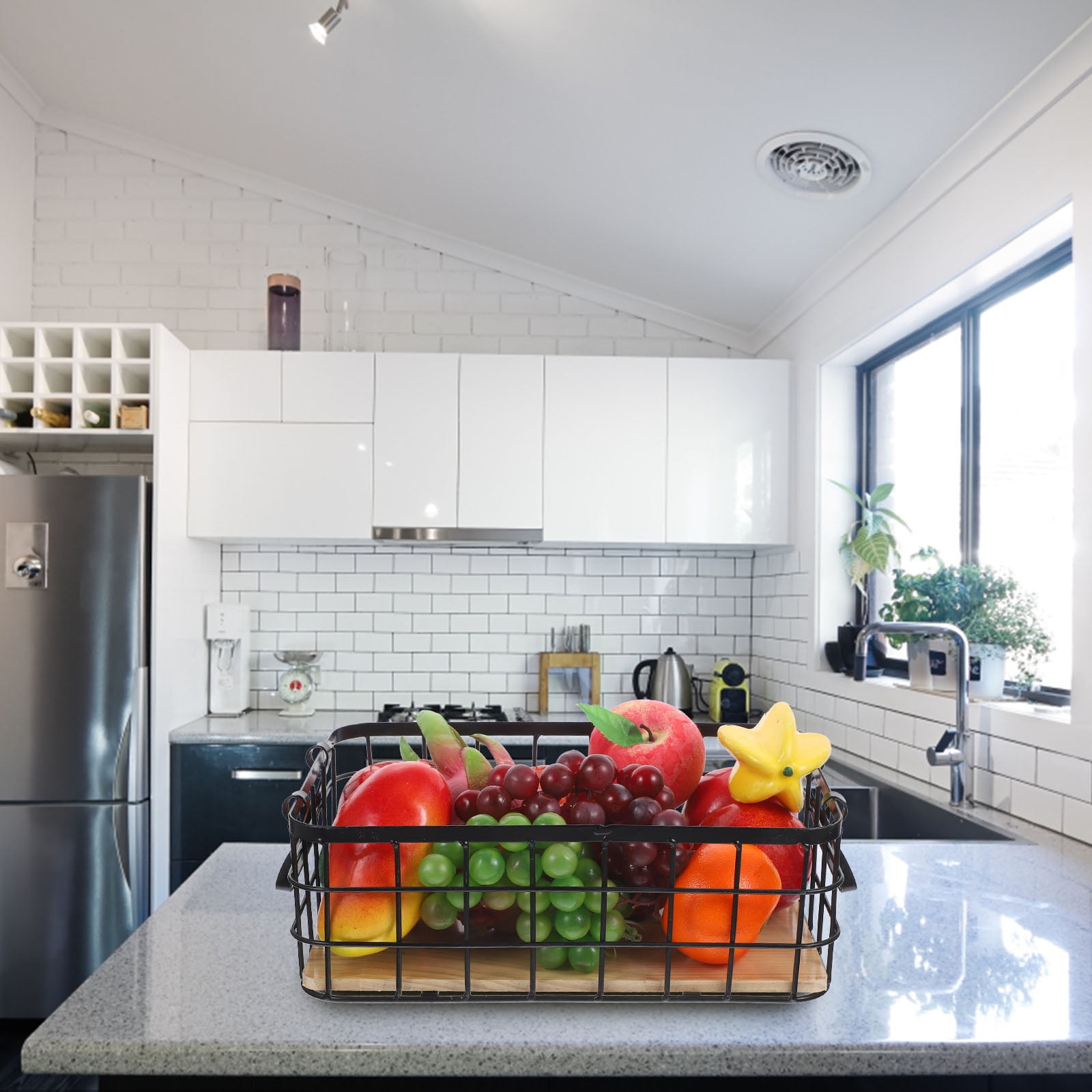 OUNONA Black Wire Kitchen Storage Basket Organizer Holder for Pantry Countertop - 1 Piece
