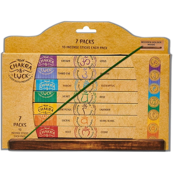 70 Natural Premium Incense Sticks Variety Gift Pack 7 Chakras from Crown to Root   Bonus Wooden Holder