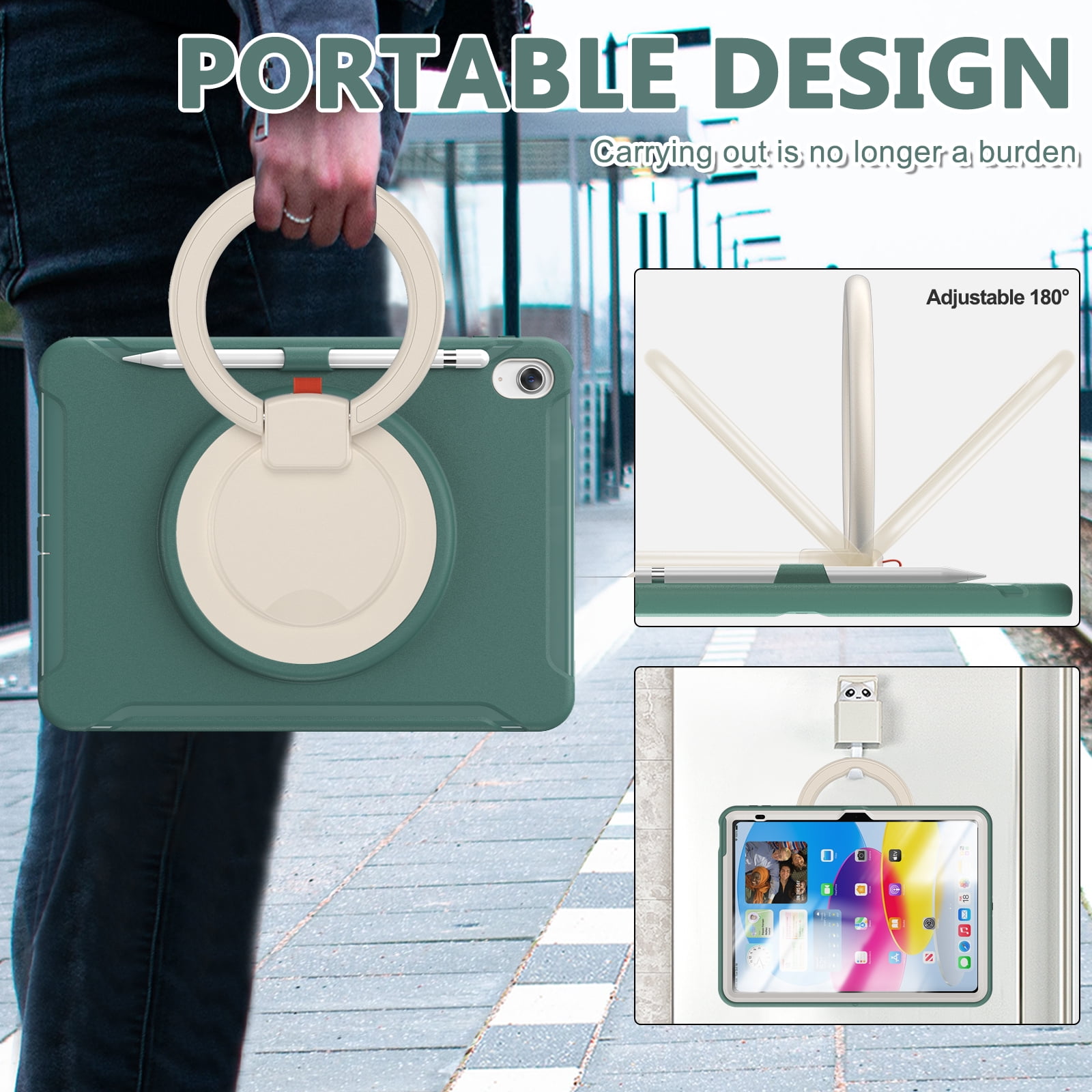 Dteck Case for iPad 10th Generation 10.9 inch 2022 with Hand Grip, Portable Carrying Rugged Shockproof Cover with Rotatable Stand Pencil Holder for Apple iPad 10th Gen,Deep Green