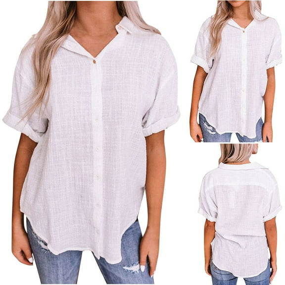 Fanxing Breathable 3/4 Sleeve Blouses Women's Linen Short Sleeve Tops Ultra Lightweight See-Through Button Down Shirts S-2XL