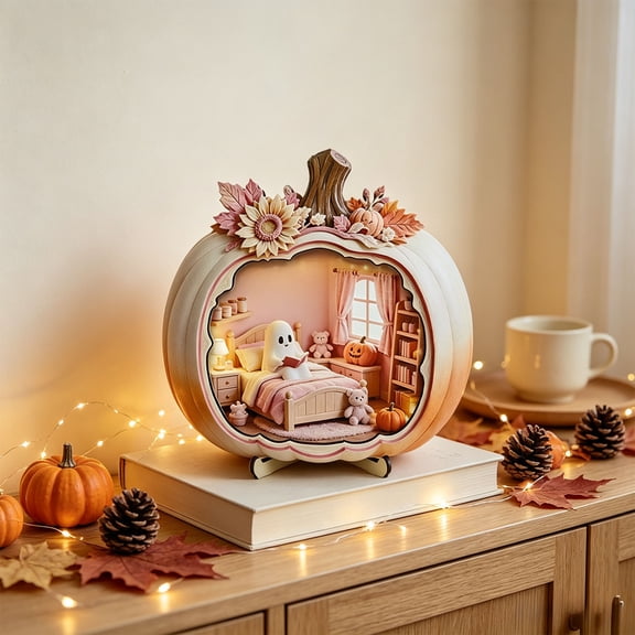 Wooden Pumpkin Sign Tabletop Decoration with Cute Ghost Bath Scene, 2D Halloween Centerpiece Sign for Fall Thanksgiving Farmhouse Kitchen Harvest Tiered Tray Decor