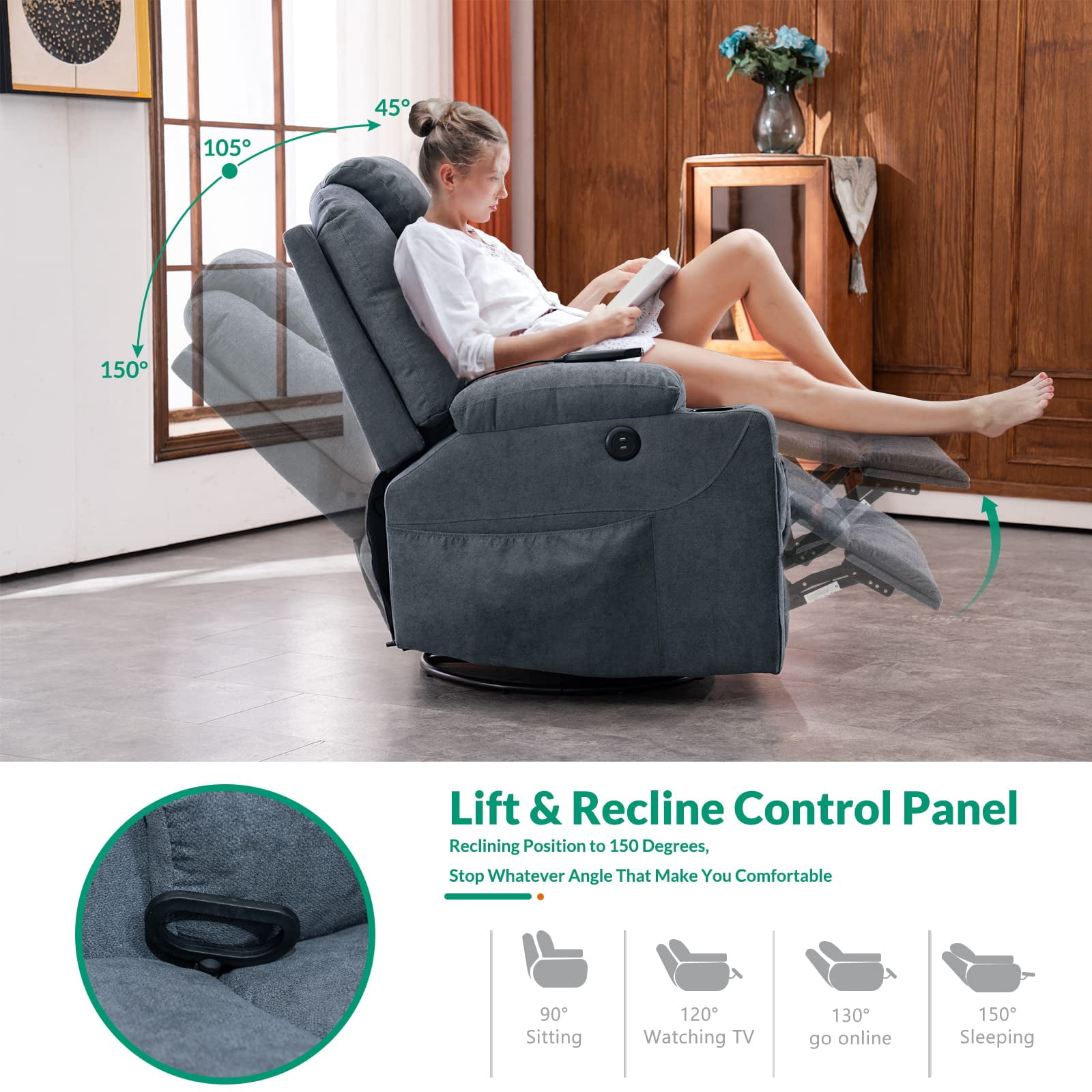 VIVIJASON Manual Massage Rocker Recliner Chair, 360° Swivel Glider Lounge Chair with Heat Ergonomic Home Theater Recliner Sofa with 2 Cup Holders, Side Pockets & USB Ports for Living Room, Bluish Grey