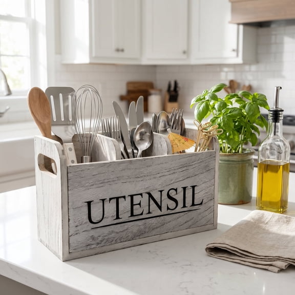 Large Rustic Wooden Utensil Holder for Countertop, Farmhouse Silverware Organizer with Divided Sections, Sturdy Kitchen Tool Caddy for Spatulas and Cooking Utensils, Easy-Clean Removable Tray