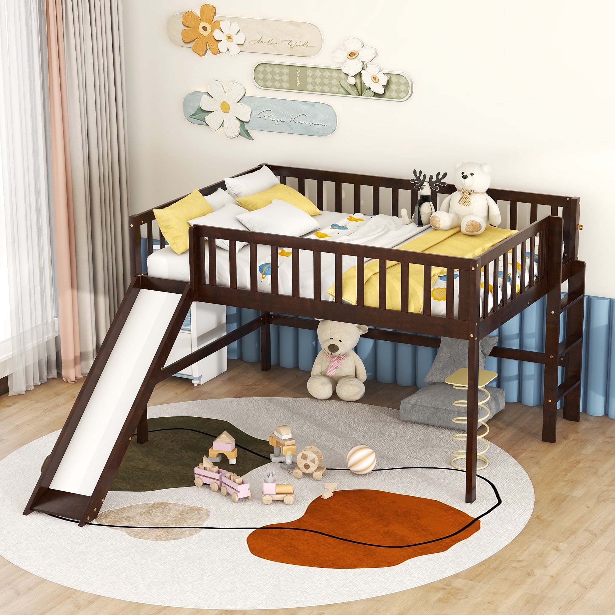 Euroco Wood Full Size Loft Bed, Low Profile Bed with Vertical Ladder and Slide for Kids Teens, Espresso