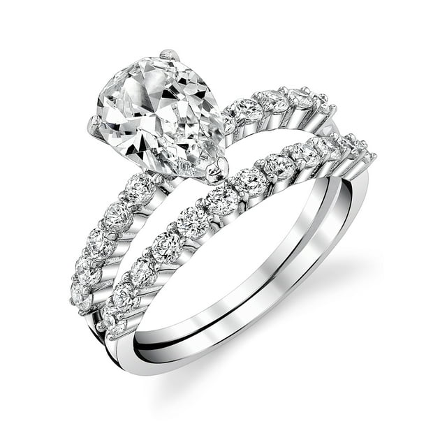 Women's Sterling Silver 925 Bridal Set Engagement Rings 1.5 Carat Pear Tear Shape Cubic Zirconia 8