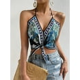 thumbnail image 6 of Women'S Floral Print Backless Halter Top Sleeveless Tie Knot Front - Crop Tops Green L, 6 of 8