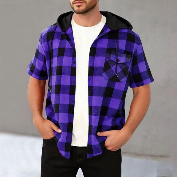 Vmvidoty Mens Plaid Hoodie Tops Short Sleeve Dressy Patchwork Fashion Shirts Purple XL