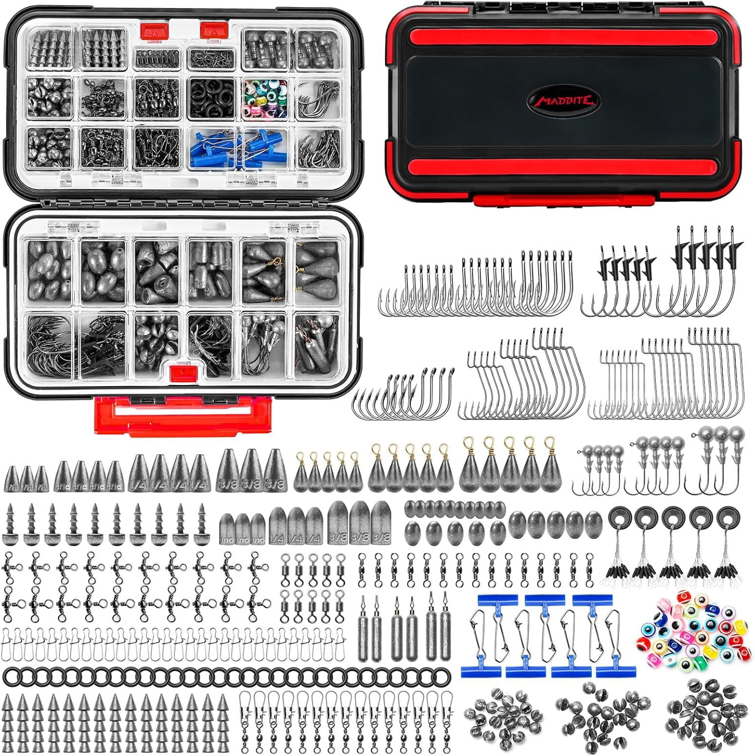 MadBite by KastKing 400pcs Compact Fishing Tackle Kit - Freshwater Hooks, Weights, Bobbers in Tackle Box, Fishing Gear Set