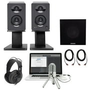 2) Samson Podcasting Podcast Recording Monitors+Stands+Sub+Headphones+Meteor Mic