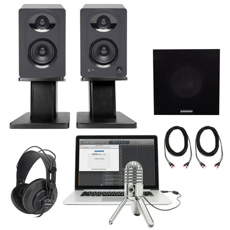2) Samson Podcasting Podcast Recording Monitors+Stands+Sub+Headphones+Meteor Mic