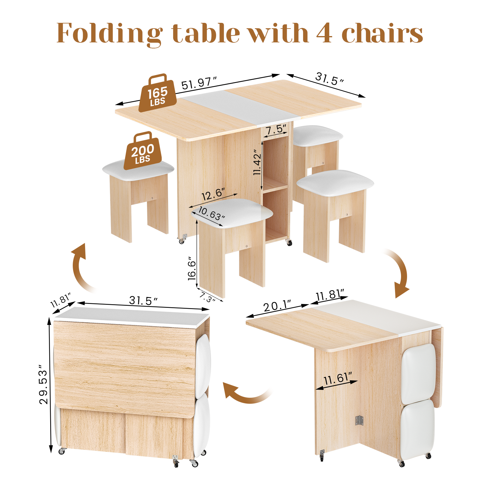 Baxluxe Folding Kitchen Table with Chairs,Dining Table Set for 4,Drop Leaf Table with 6 Wheels,Expandable Dining Table,Multifunction Expandable Table for Living Room, Folding Kitchen Table