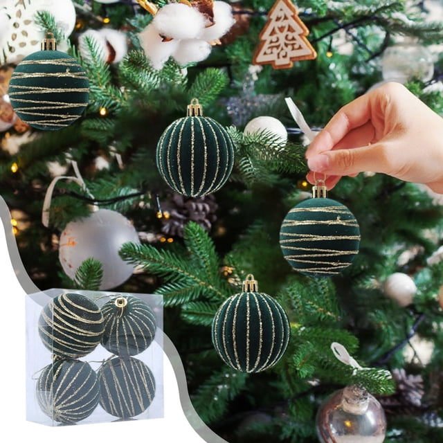 Bolas Navideñas Colgantes de 6 Cm con Acabado Flocado, Bolas de Plástico Brillante para Decorar El Árbol de Navidad (Juego de Cuatro) | Material Flocado Verde | Tamaño: 6 Cm | Peso: 51 G | Decoración