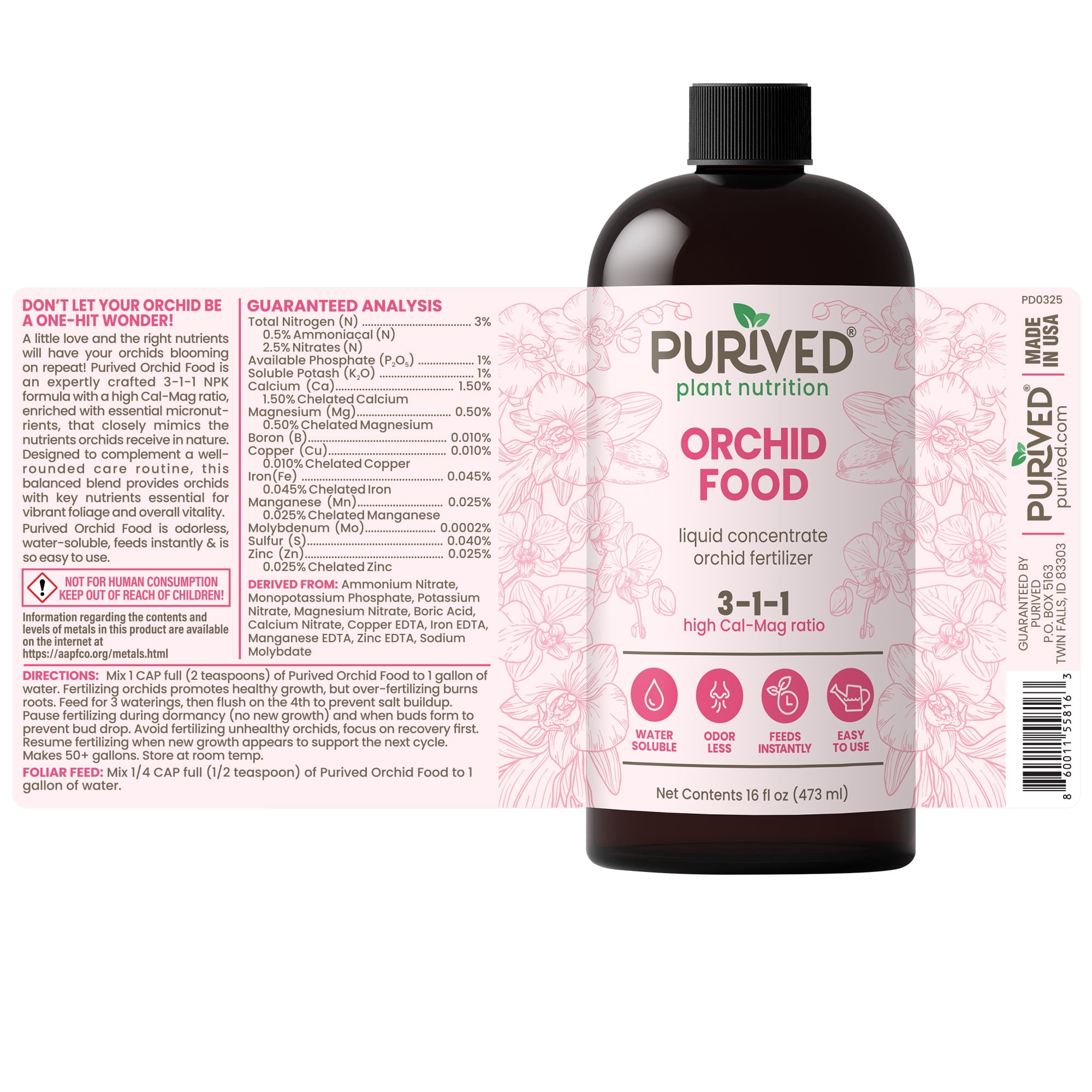 Purived 16oz Orchid Liquid Fertilizer - Makes 50 Gallons, Boosts Blooms & Root Strength, Ideal for Phalaenopsis, Dendrobium & More, Supports Vibrant, Long-Lasting Flowers, Made in USA